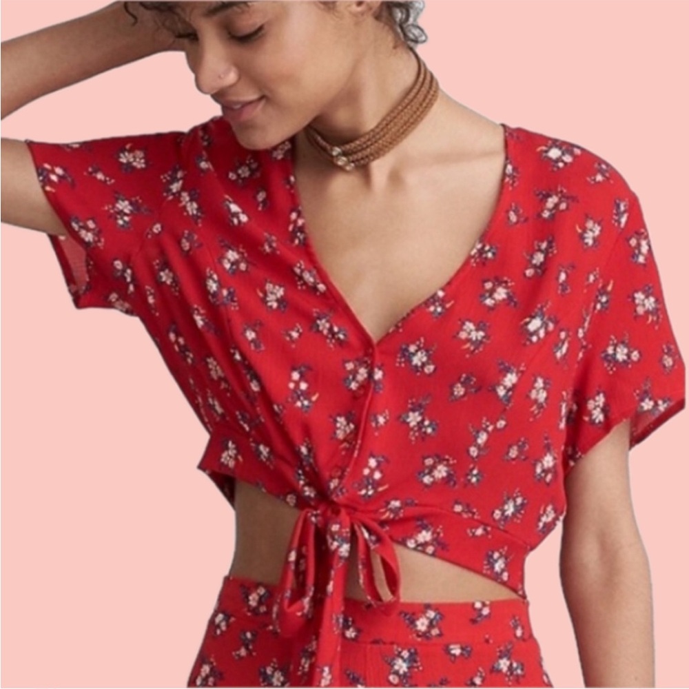 American Eagle red floral cropped tie blouse